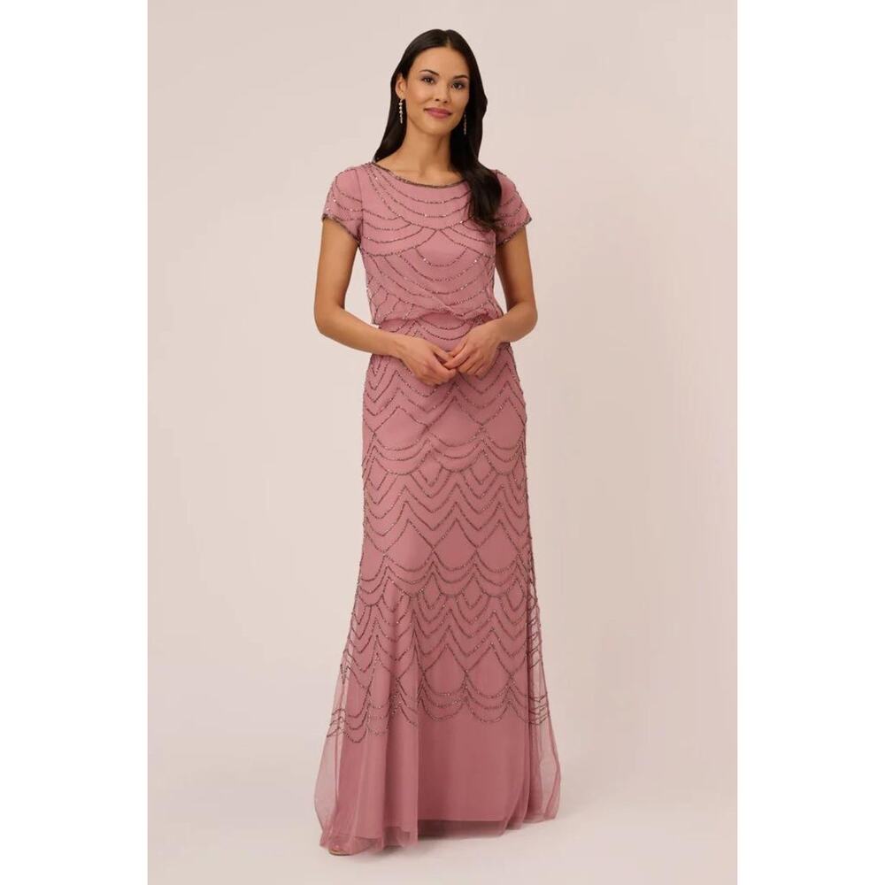 Adrianna Papell Blouson Beaded Bridesmaid Gown Dress Women's Size 4 Rose Pink